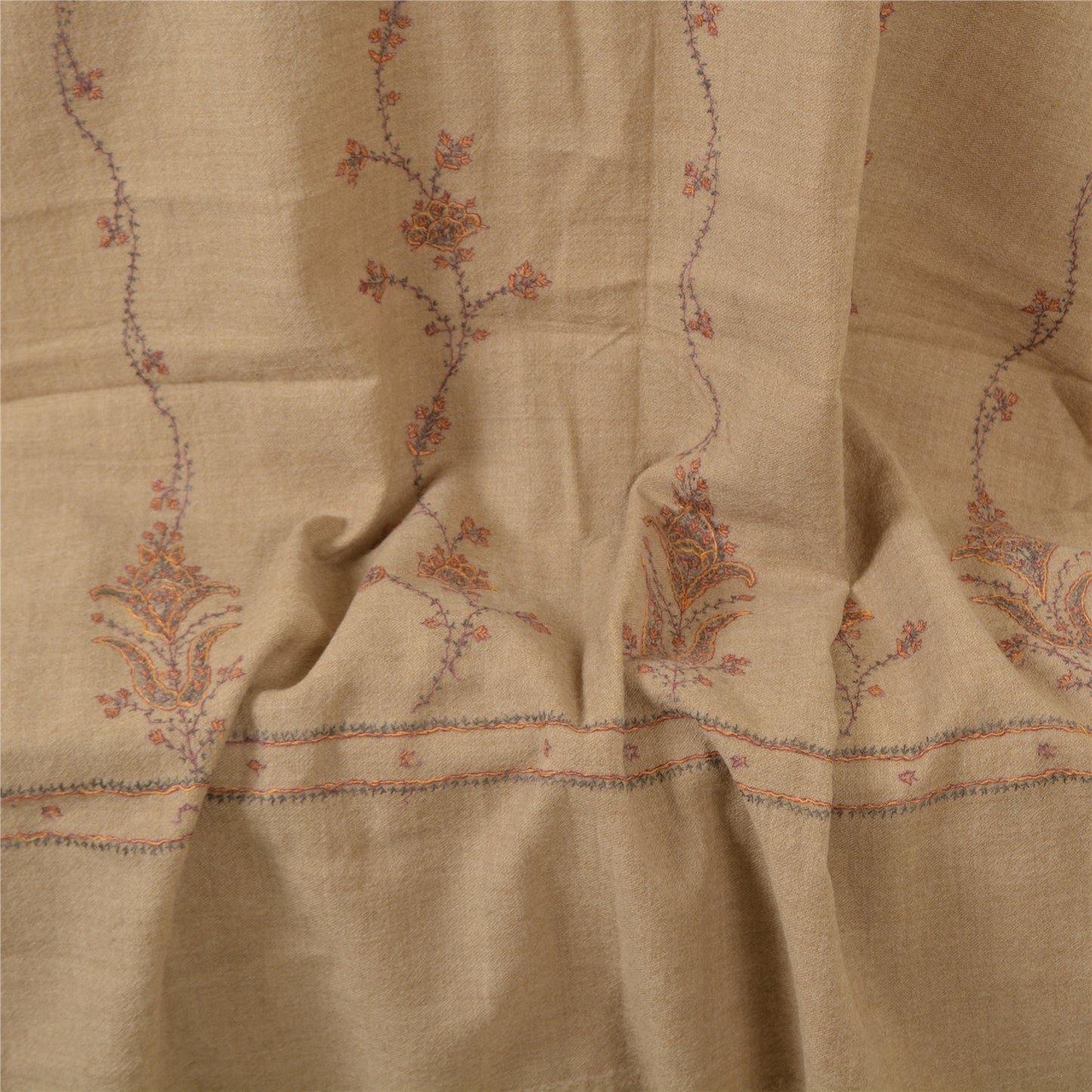 Sanskriti Vintage Brown Pure Woolen Shawl Hand Embroidery Suzani Long Stole Warm