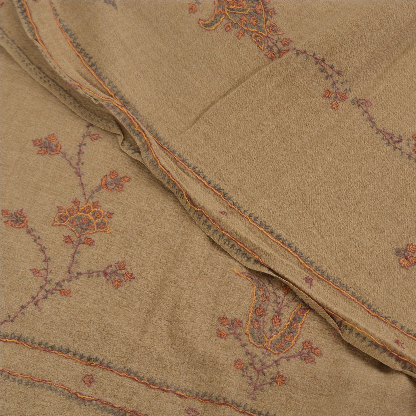 Sanskriti Vintage Brown Pure Woolen Shawl Hand Embroidery Suzani Long Stole Warm