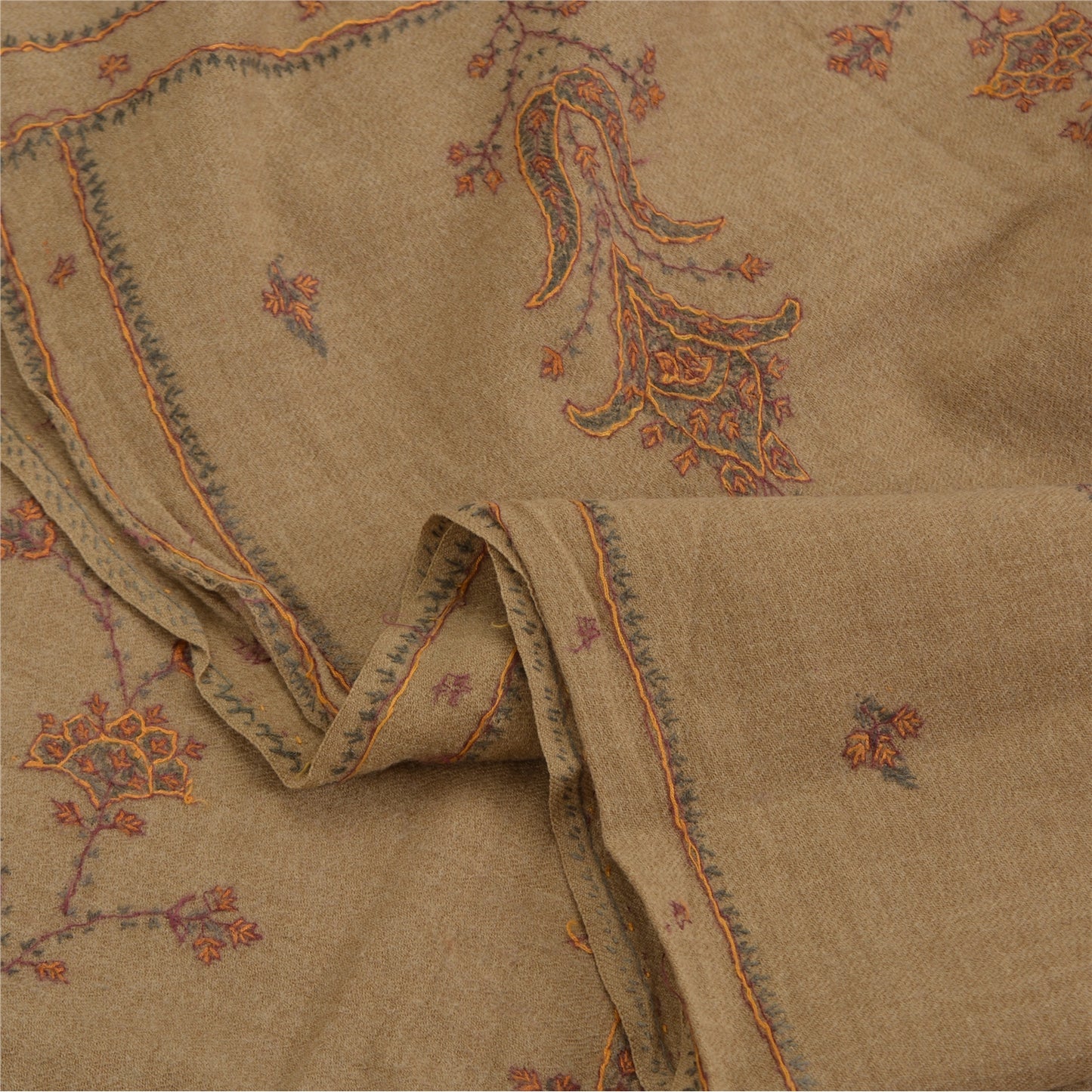 Sanskriti Vintage Brown Pure Woolen Shawl Hand Embroidery Suzani Long Stole Warm