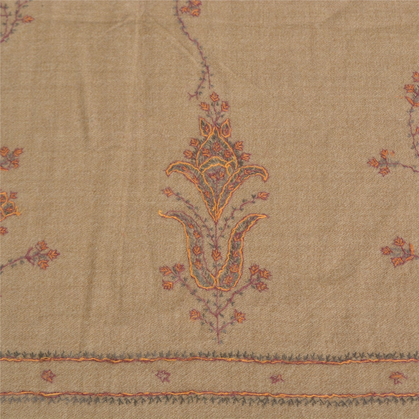 Sanskriti Vintage Brown Pure Woolen Shawl Hand Embroidery Suzani Long Stole Warm