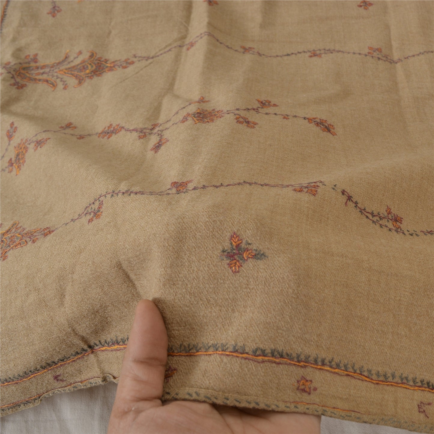 Sanskriti Vintage Brown Pure Woolen Shawl Hand Embroidery Suzani Long Stole Warm