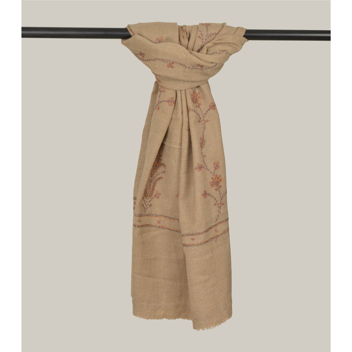 Sanskriti Vintage Brown Pure Woolen Shawl Hand Embroidery Suzani Long Stole Warm
