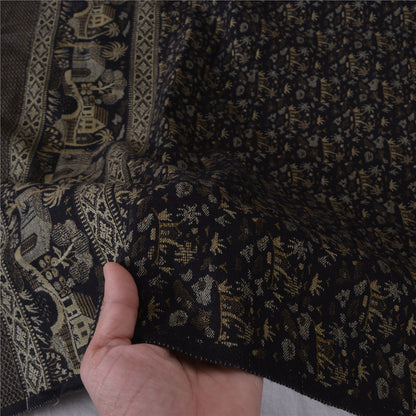 Sanskriti Vintage Long Black Pure Woolen Shawl Hand Woven Floral Head Scarf Veil