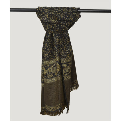 Sanskriti Vintage Long Black Pure Woolen Shawl Hand Woven Floral Head Scarf Veil
