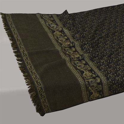 Sanskriti Vintage Long Black Pure Woolen Shawl Hand Woven Floral Head Scarf Veil