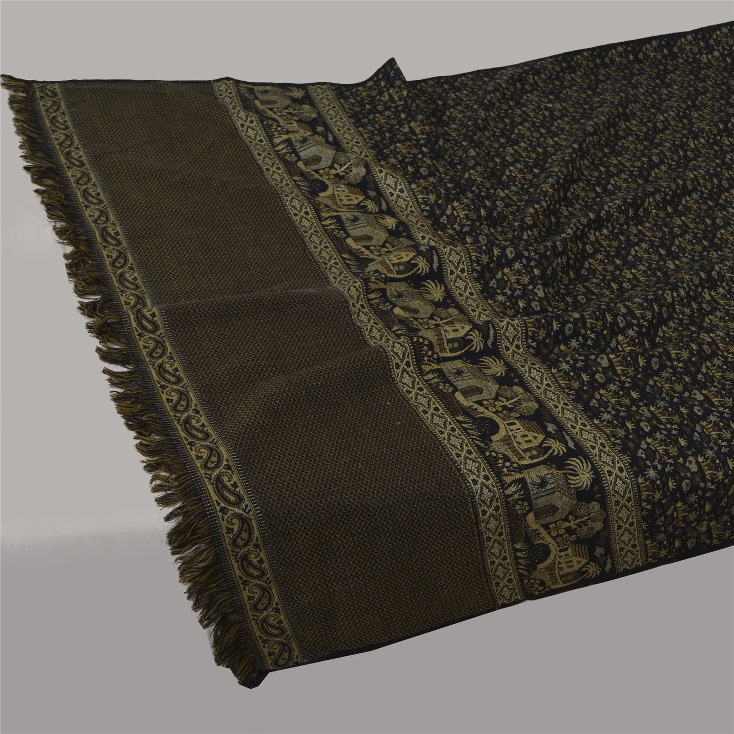 Sanskriti Vintage Long Black Pure Woolen Shawl Hand Woven Floral Head Scarf Veil