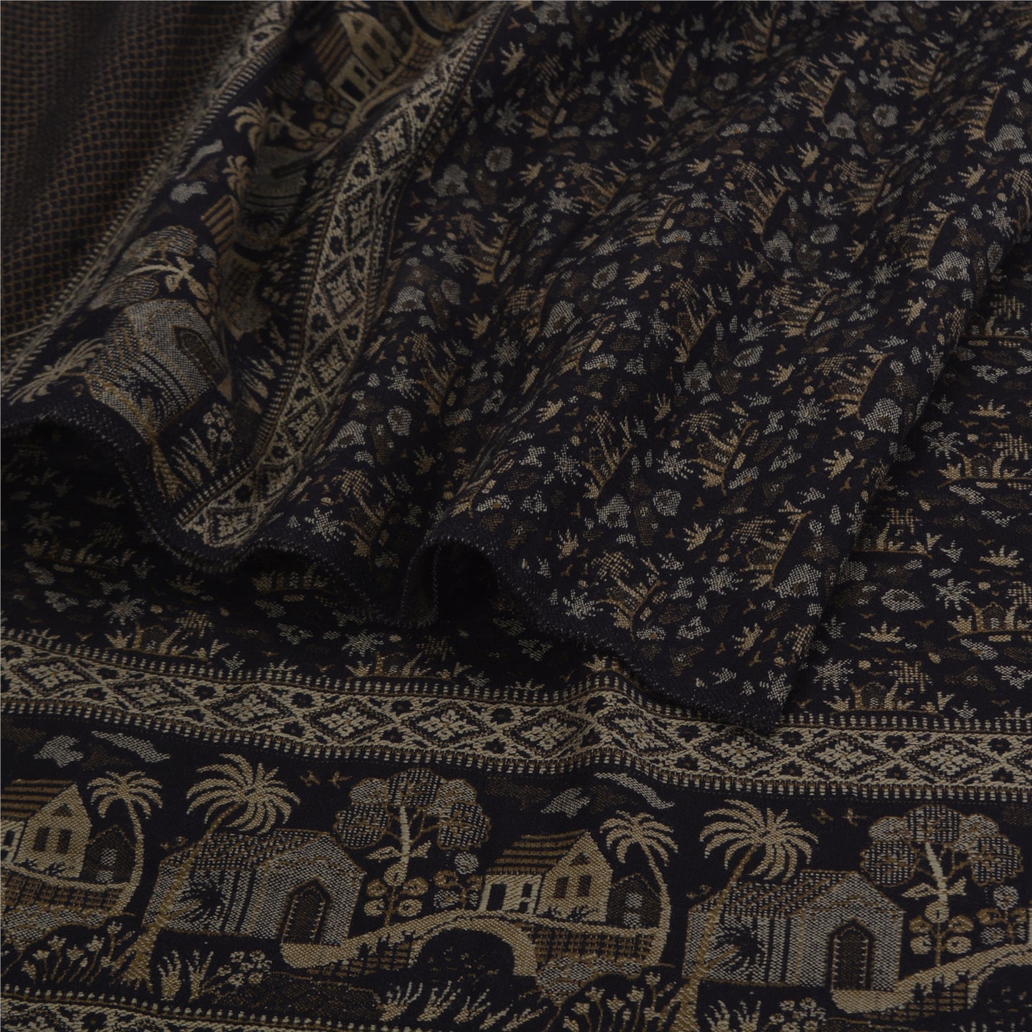 Sanskriti Vintage Long Black Pure Woolen Shawl Hand Woven Floral Head Scarf Veil