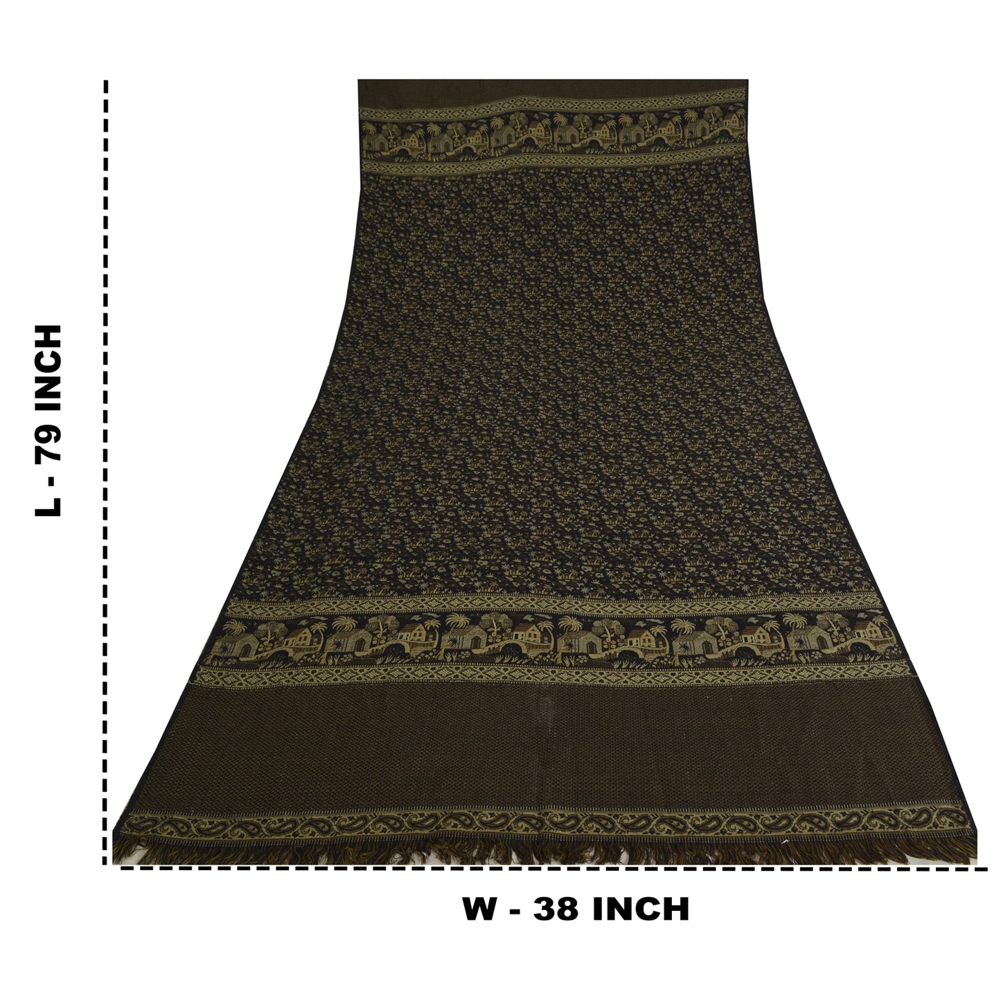 Sanskriti Vintage Long Black Pure Woolen Shawl Hand Woven Floral Head Scarf Veil