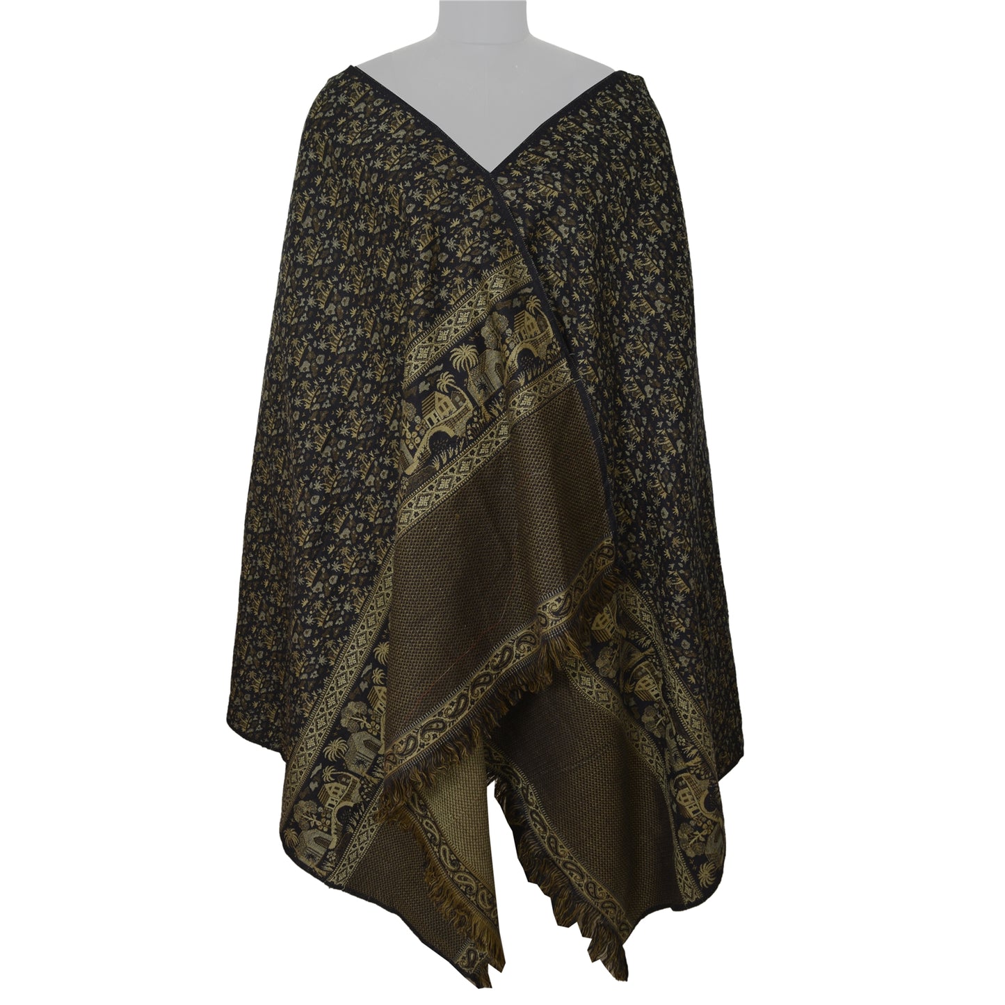 Sanskriti Vintage Long Black Pure Woolen Shawl Hand Woven Floral Head Scarf Veil