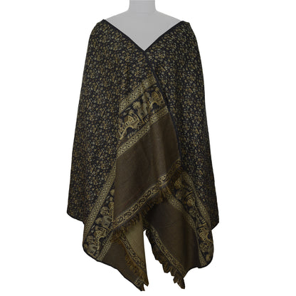 Sanskriti Vintage Long Black Pure Woolen Shawl Hand Woven Floral Head Scarf Veil