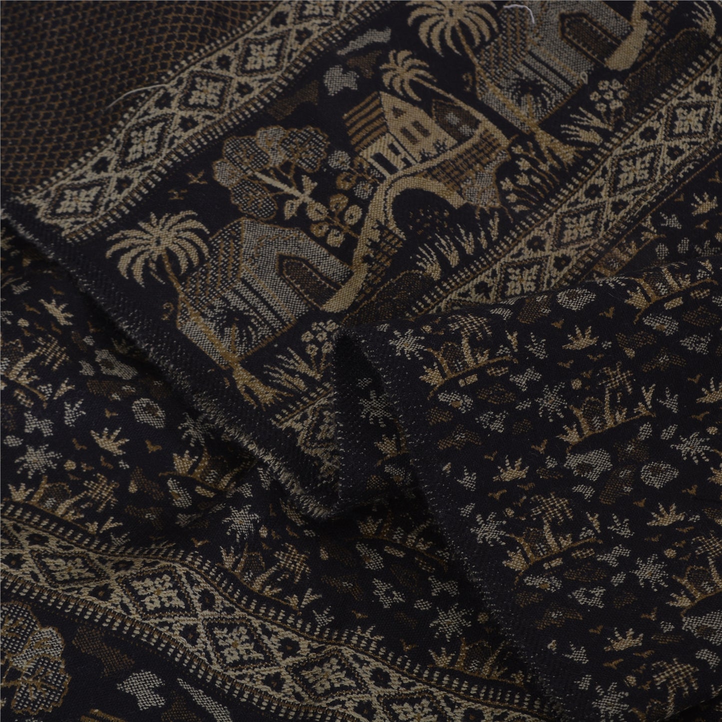 Sanskriti Vintage Long Black Pure Woolen Shawl Hand Woven Floral Head Scarf Veil