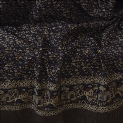 Sanskriti Vintage Long Black Pure Woolen Shawl Hand Woven Floral Head Scarf Veil