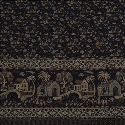 Sanskriti Vintage Long Black Pure Woolen Shawl Hand Woven Floral Head Scarf Veil