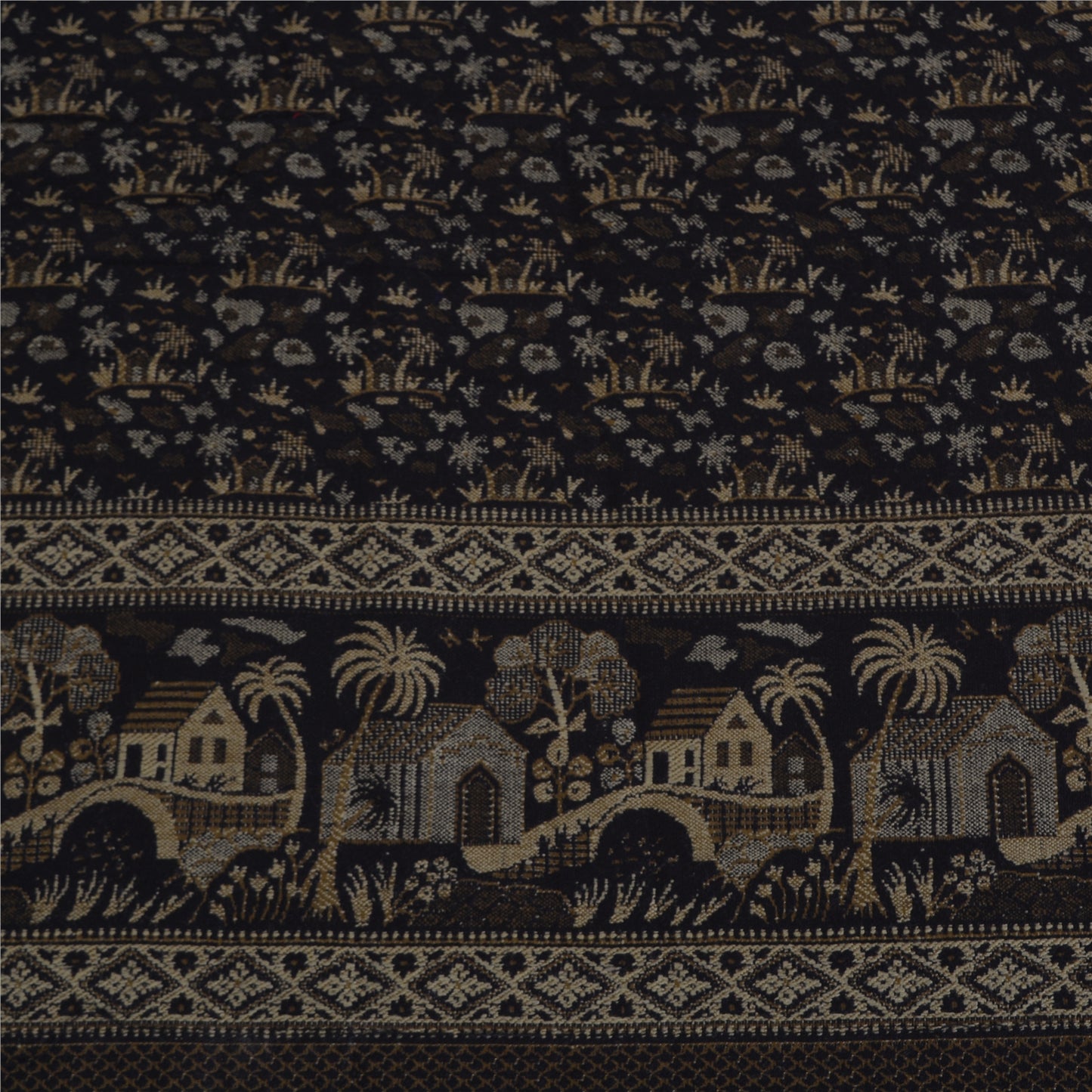 Sanskriti Vintage Long Black Pure Woolen Shawl Hand Woven Floral Head Scarf Veil