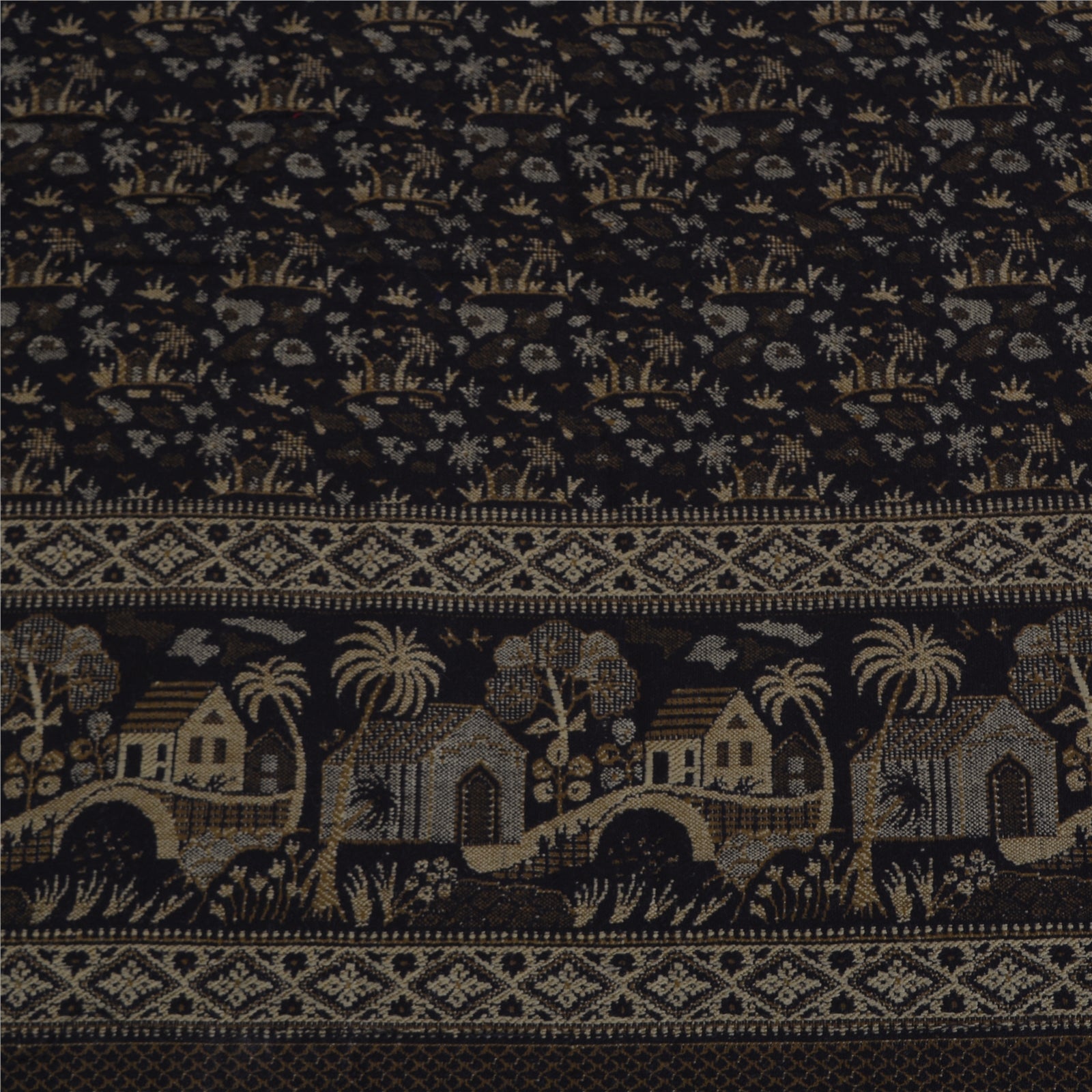 Sanskriti Vintage Long Black Pure Woolen Shawl Hand Woven Floral Head Scarf Veil