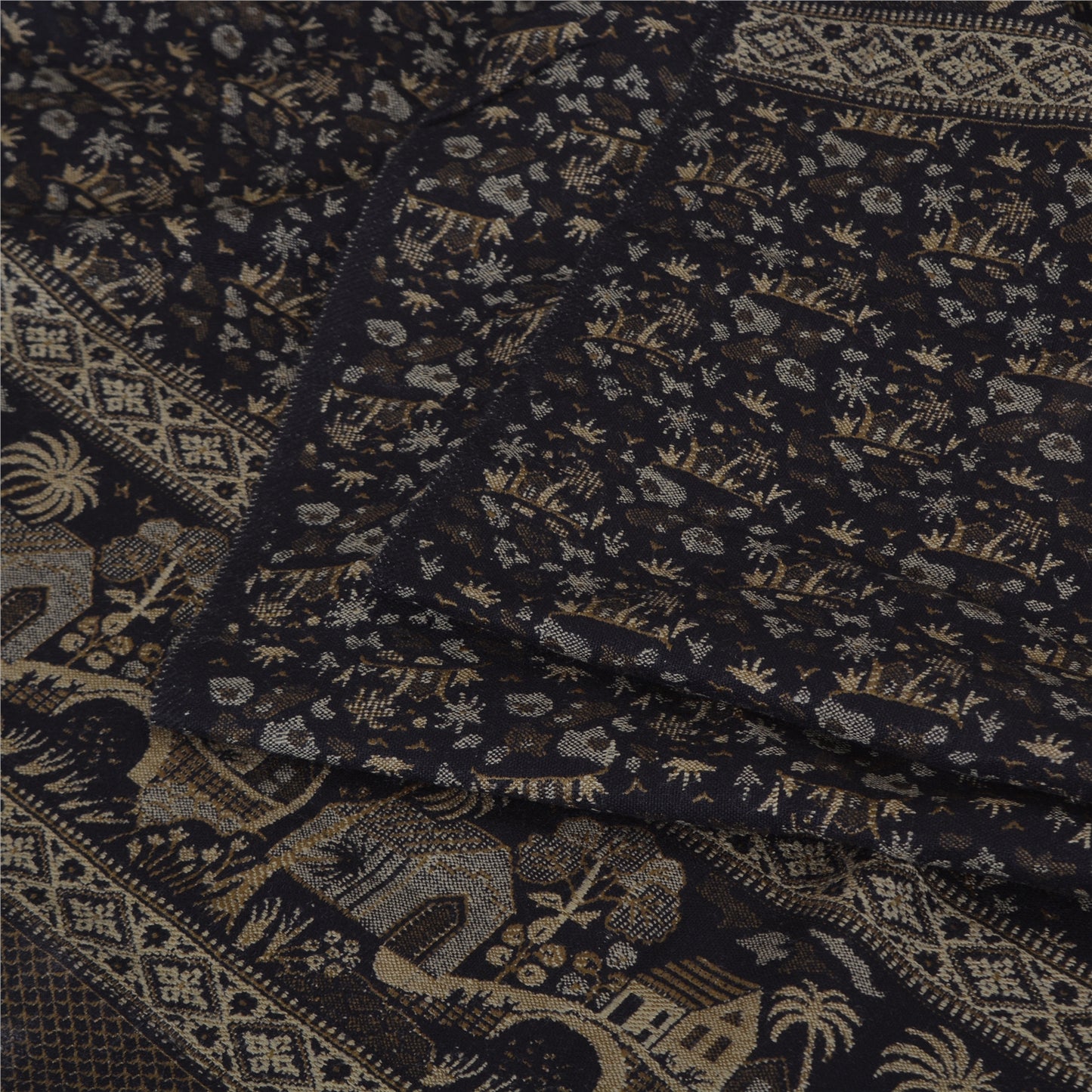 Sanskriti Vintage Long Black Pure Woolen Shawl Hand Woven Floral Head Scarf Veil