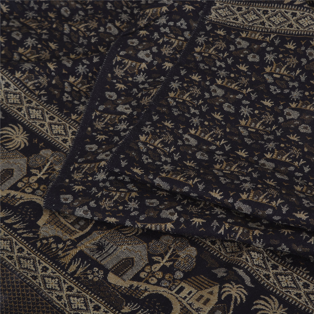 Sanskriti Vintage Long Black Pure Woolen Shawl Hand Woven Floral Head Scarf Veil