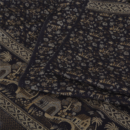 Sanskriti Vintage Long Black Pure Woolen Shawl Hand Woven Floral Head Scarf Veil