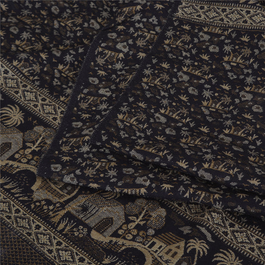 Sanskriti Vintage Long Black Pure Woolen Shawl Hand Woven Floral Head Scarf Veil