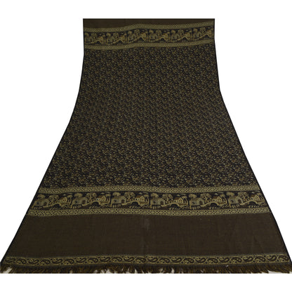 Sanskriti Vintage Long Black Pure Woolen Shawl Hand Woven Floral Head Scarf Veil