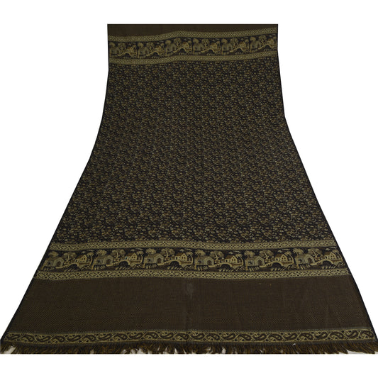 Sanskriti Vintage Long Black Pure Woolen Shawl Hand Woven Floral Head Scarf Veil