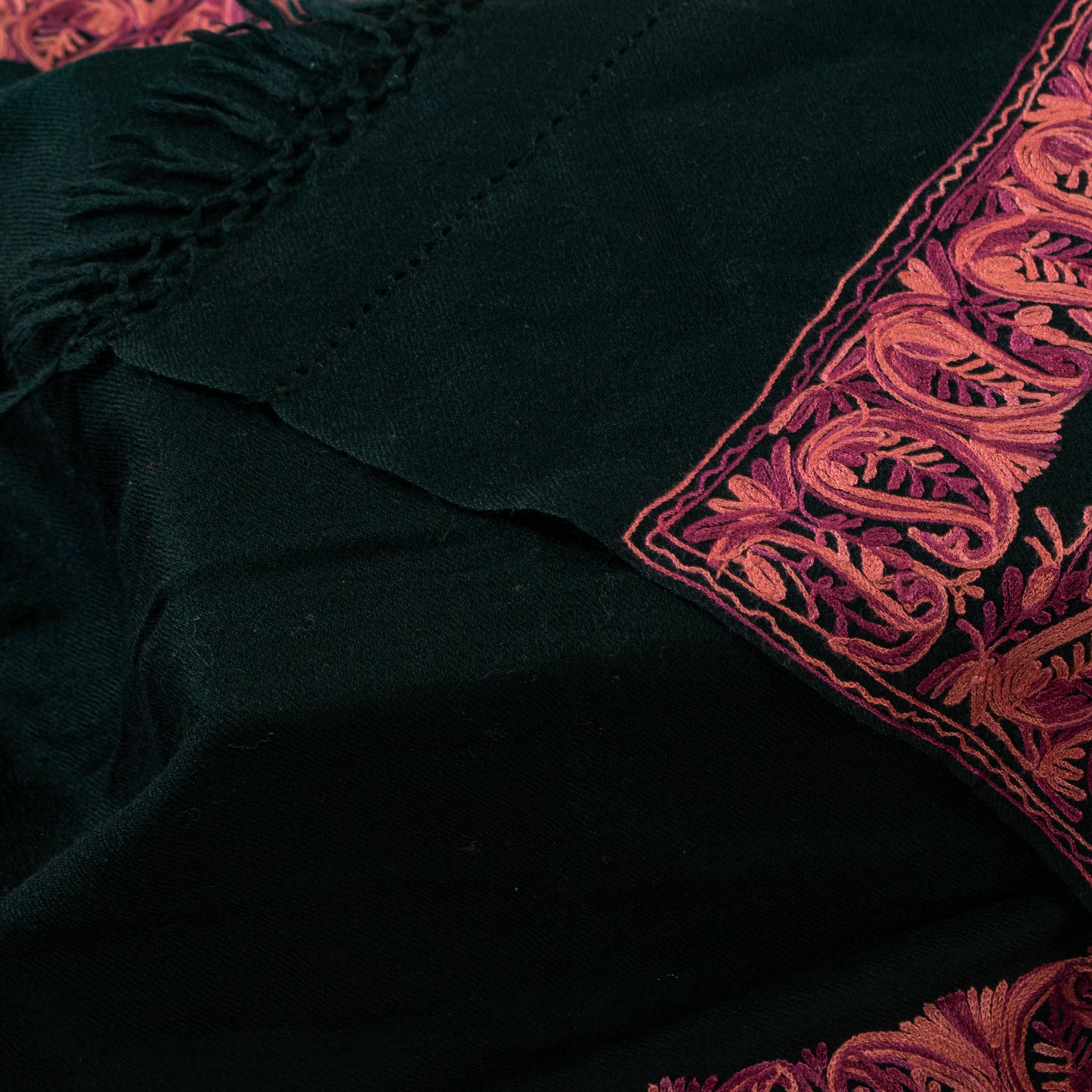 Sanskriti Vintage Long Black Pure Woolen Embroidery Aari Shawl Scarf Throw Stole