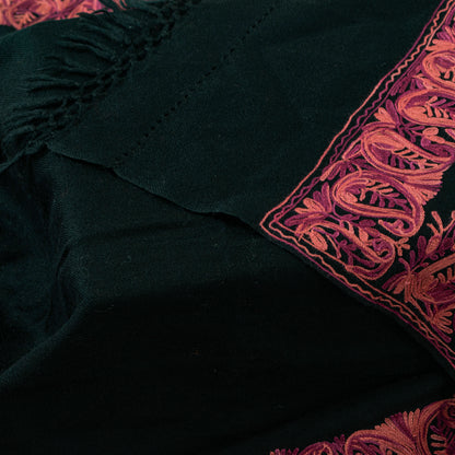 Sanskriti Vintage Long Black Pure Woolen Embroidery Aari Shawl Scarf Throw Stole