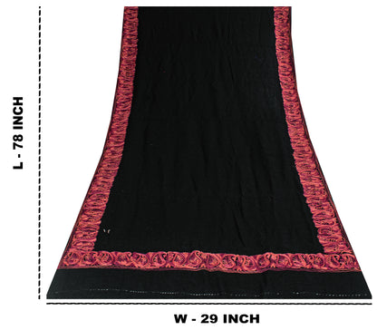 Sanskriti Vintage Long Black Pure Woolen Embroidery Aari Shawl Scarf Throw Stole