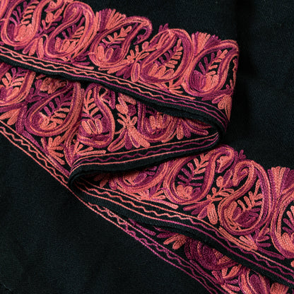 Sanskriti Vintage Long Black Pure Woolen Embroidery Aari Shawl Scarf Throw Stole