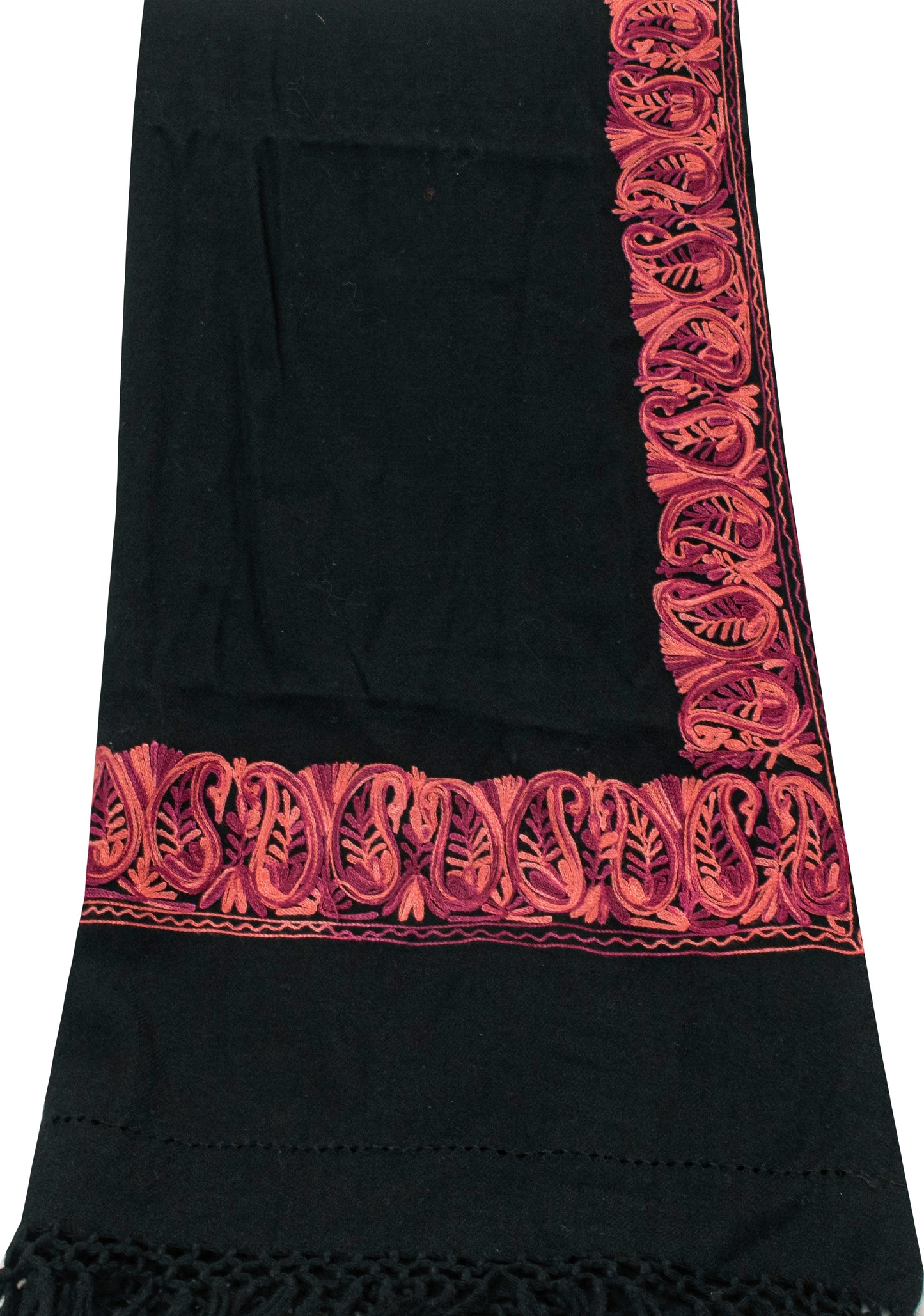 Sanskriti Vintage Long Black Pure Woolen Embroidery Aari Shawl Scarf Throw Stole