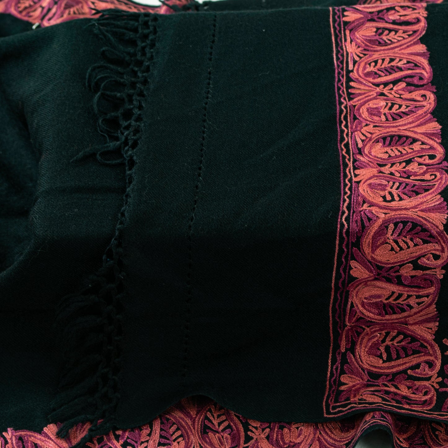Sanskriti Vintage Long Black Pure Woolen Embroidery Aari Shawl Scarf Throw Stole