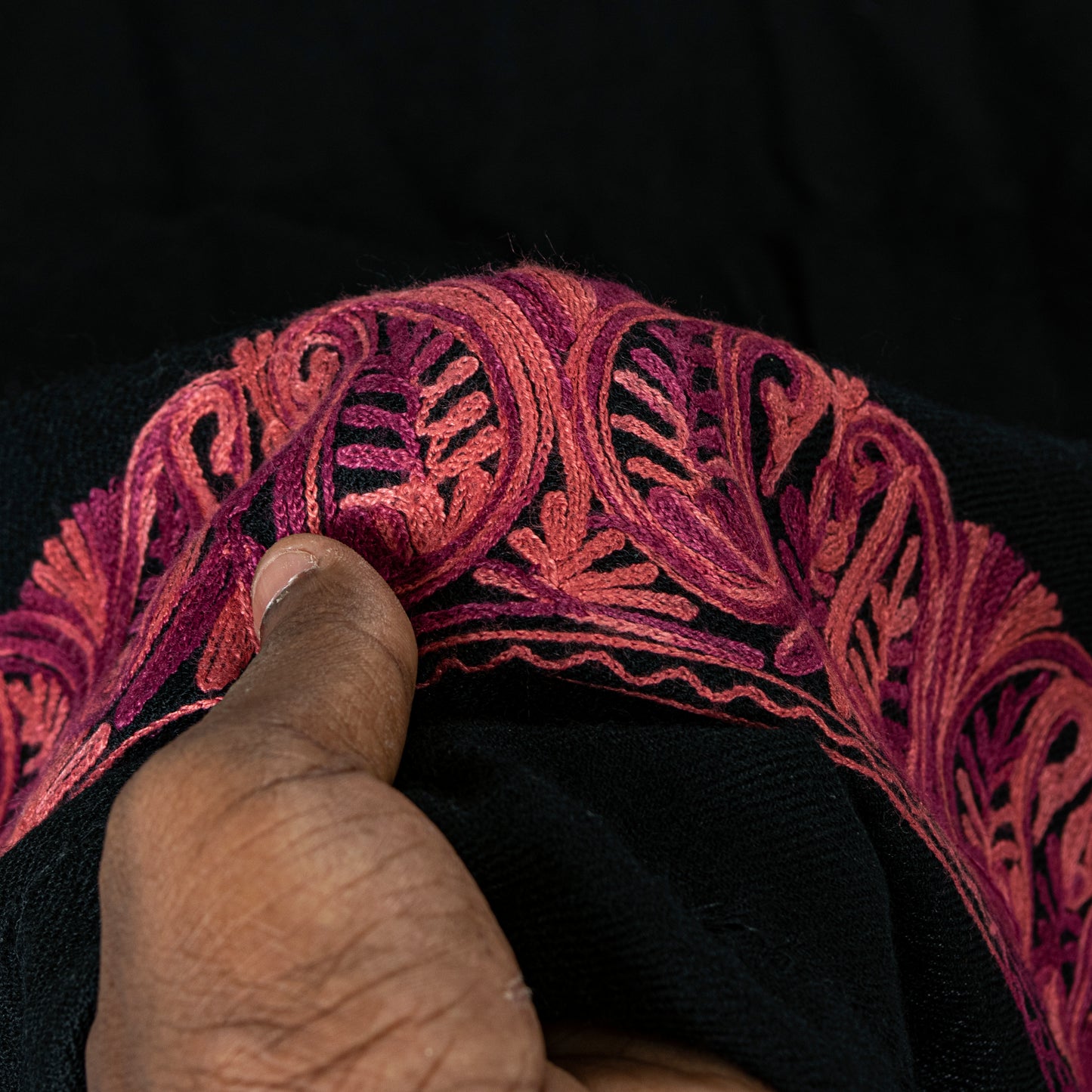 Sanskriti Vintage Long Black Pure Woolen Embroidery Aari Shawl Scarf Throw Stole