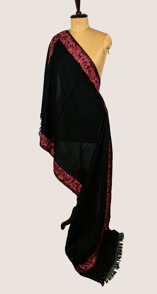 Sanskriti Vintage Long Black Pure Woolen Embroidery Aari Shawl Scarf Throw Stole