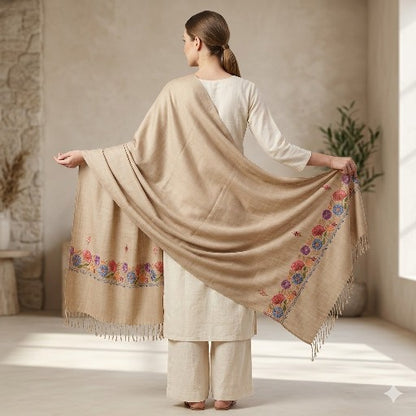 Sanskriti Vintage Brown Wool Shawl Aari Embroidered Floral Stole Scarf Wrap Veil