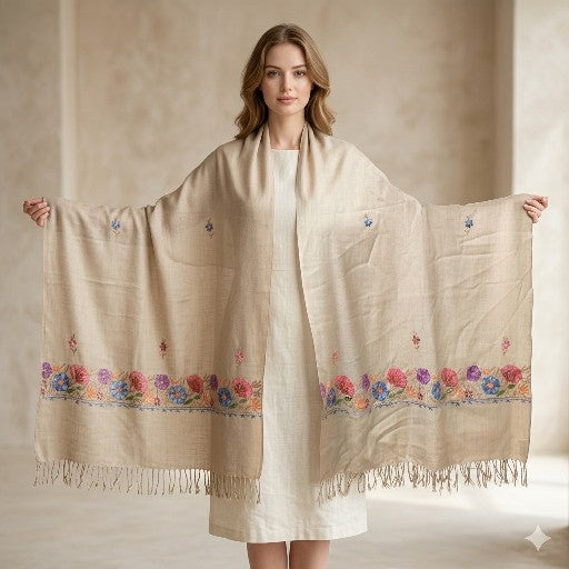 Sanskriti Vintage Brown Wool Shawl Aari Embroidered Floral Stole Scarf Wrap Veil