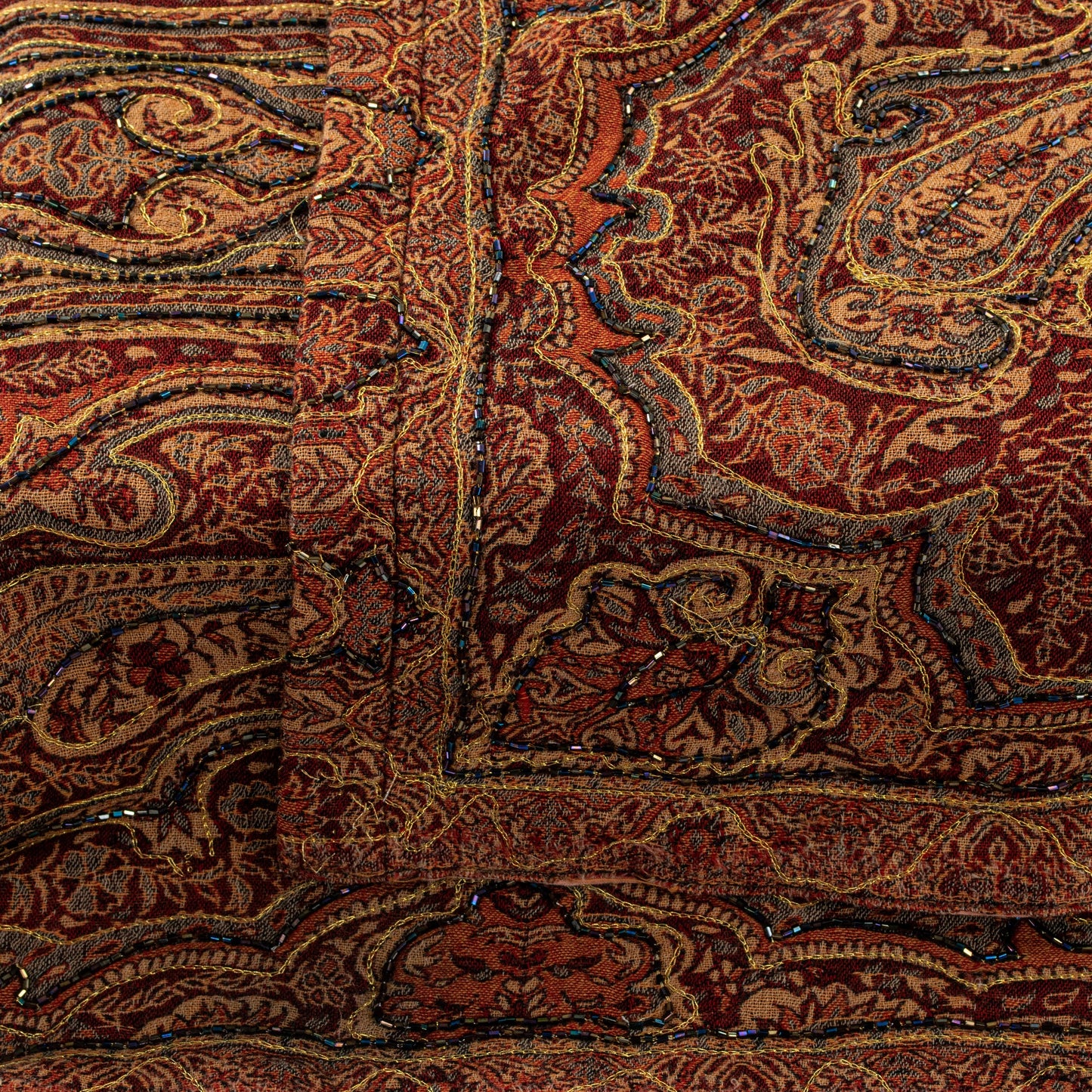 Sanskriti Vintage Brown Pure Wool Shawl Kashmiri Woven Hand Beaded Stole Scarf