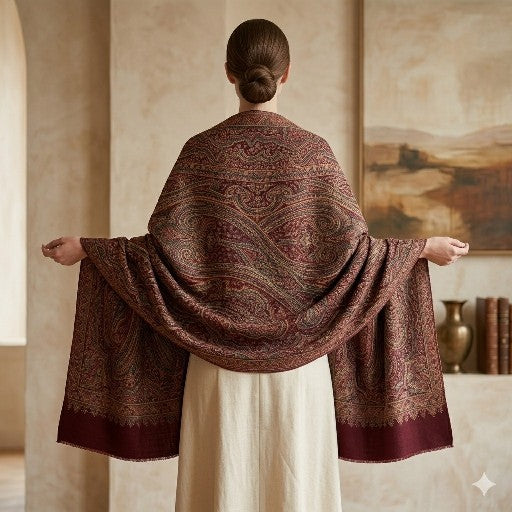 Sanskriti Vintage Brown Pure Wool Shawl Kashmiri Woven Hand Beaded Stole Scarf