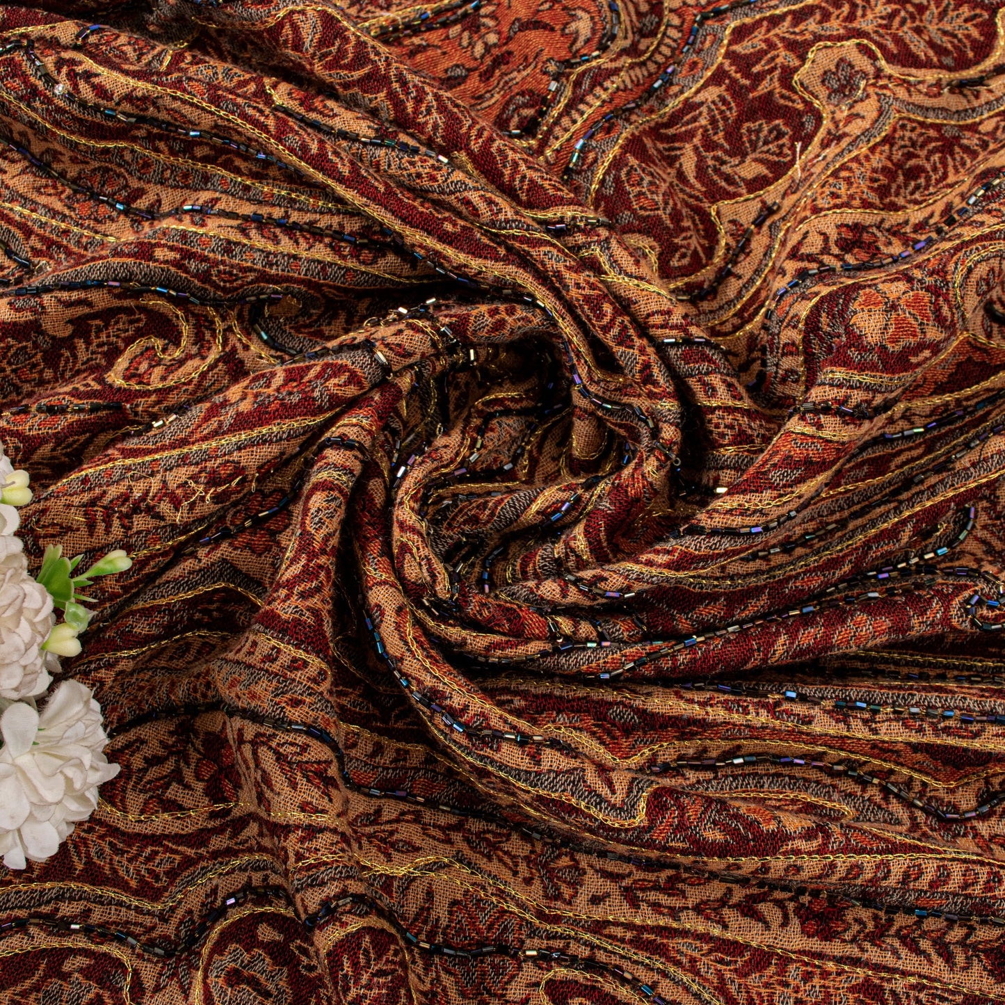 Sanskriti Vintage Brown Pure Wool Shawl Kashmiri Woven Hand Beaded Stole Scarf