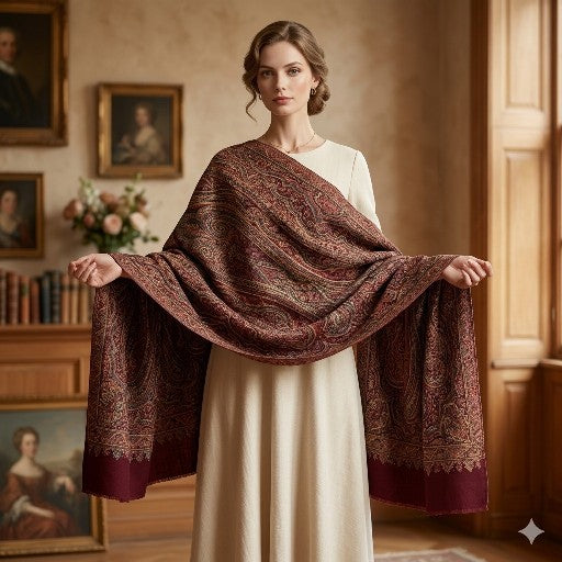 Sanskriti Vintage Brown Pure Wool Shawl Kashmiri Woven Hand Beaded Stole Scarf