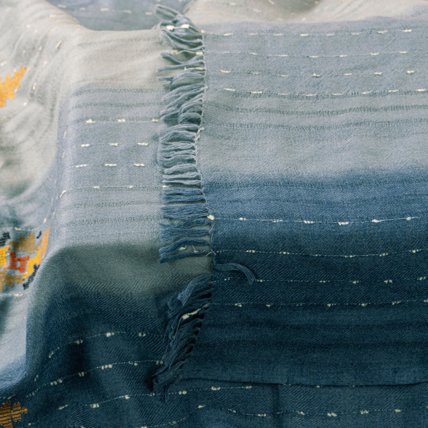 Sanskriti Vintage Long Grayish Blue Pure Woolen Shawl Hand Woven Scarf Stole
