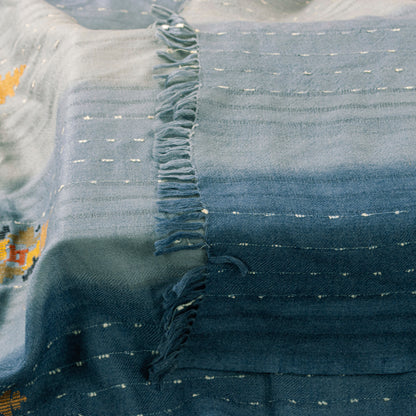 Sanskriti Vintage Long Grayish Blue Pure Woolen Shawl Hand Woven Scarf Stole