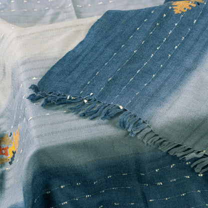 Sanskriti Vintage Long Grayish Blue Pure Woolen Shawl Hand Woven Scarf Stole