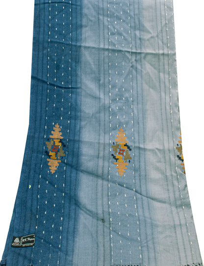 Sanskriti Vintage Long Grayish Blue Pure Woolen Shawl Hand Woven Scarf Stole
