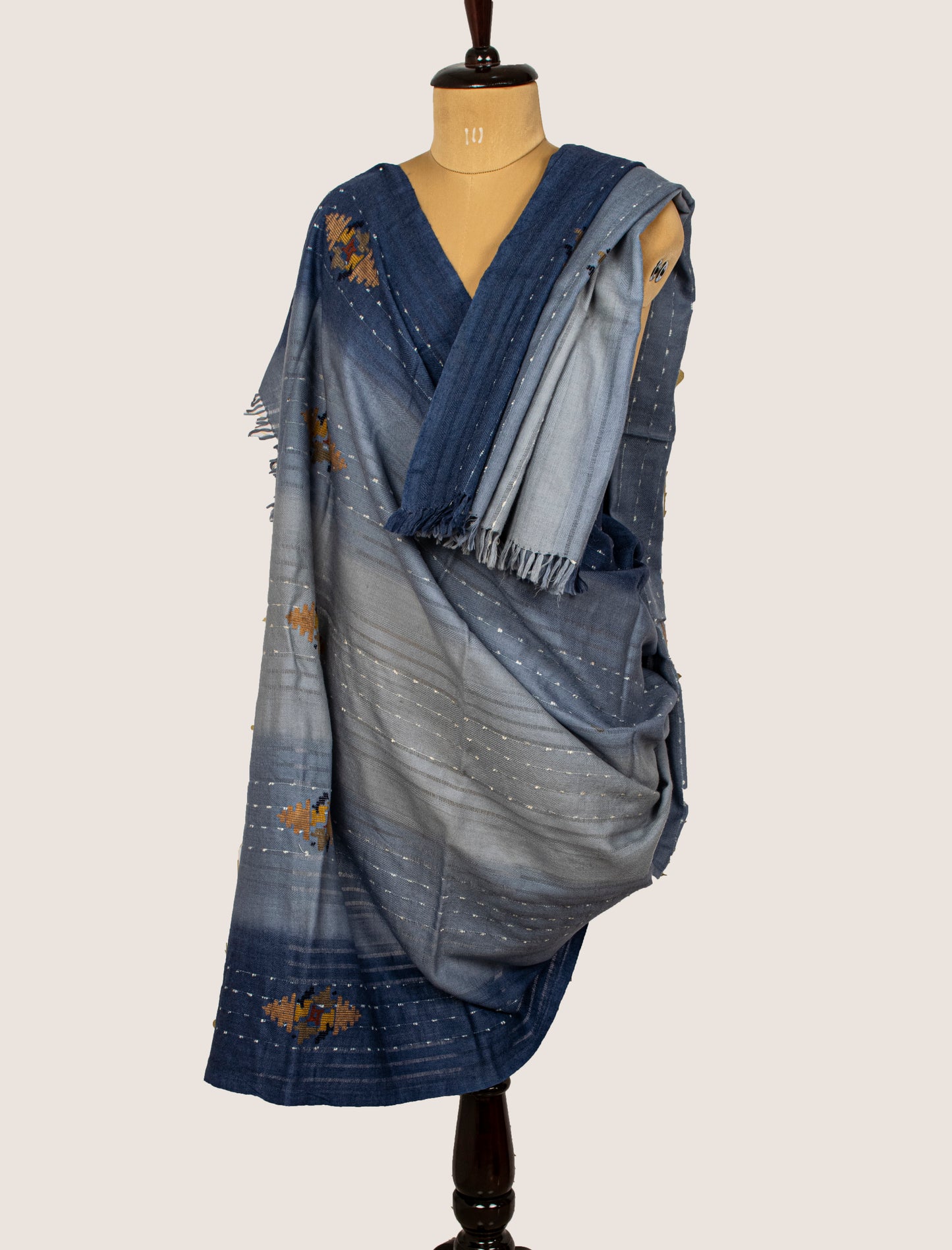 Sanskriti Vintage Long Grayish Blue Pure Woolen Shawl Hand Woven Scarf Stole