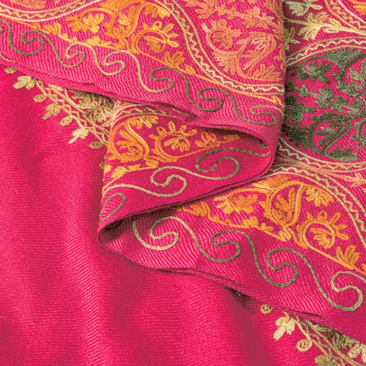 Sanskriti Vintage Long Pink Woolen Shawl Embroidered Aari Work Scarf Throw Stole