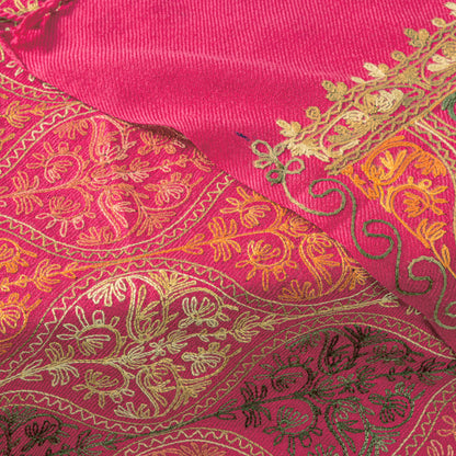 Sanskriti Vintage Long Pink Woolen Shawl Embroidered Aari Work Scarf Throw Stole
