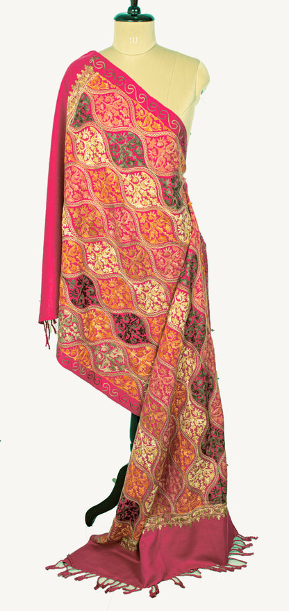Sanskriti Vintage Long Pink Woolen Shawl Embroidered Aari Work Scarf Throw Stole