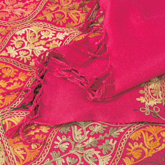Sanskriti Vintage Long Pink Woolen Shawl Embroidered Aari Work Scarf Throw Stole