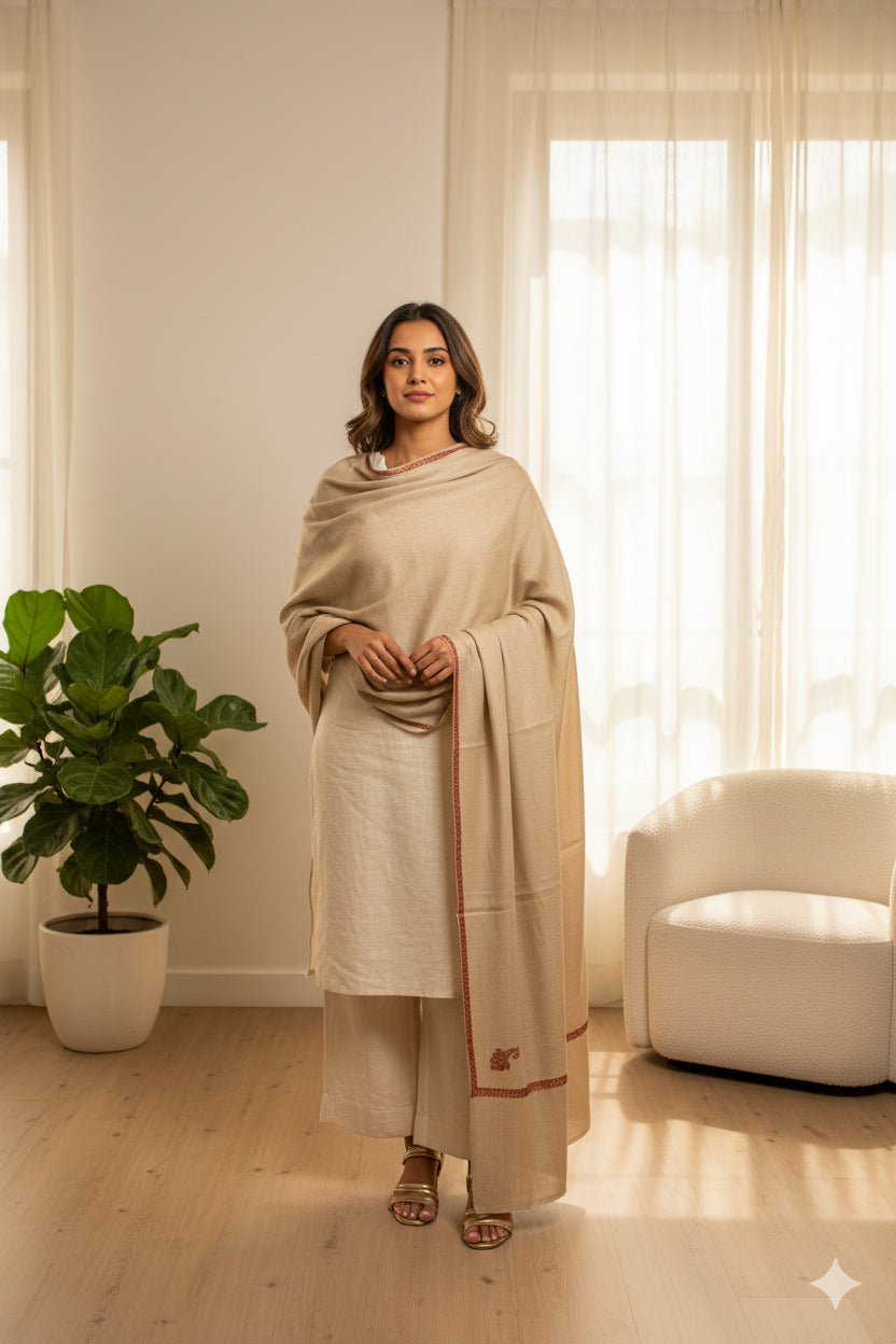 Sanskriti Vintage Long Ivory Woolen Shawl Hand Embroidered Suzani Throw Stole