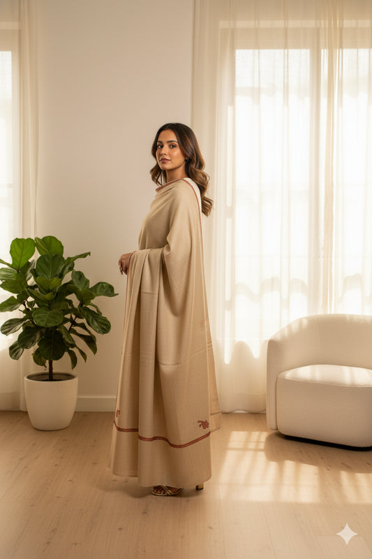 Sanskriti Vintage Long Ivory Woolen Shawl Hand Embroidered Suzani Throw Stole